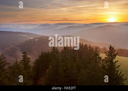 View from the Eugen-Keidel Tower on Schauinsland Mountain, Black Forest at sunrise, Freiburg, Baden-Württemberg, Germany Stock Photo