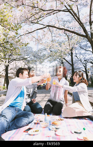 Multi-ethnic group of friends enjoying cherry blossoms blooming in Tokyo Stock Photo