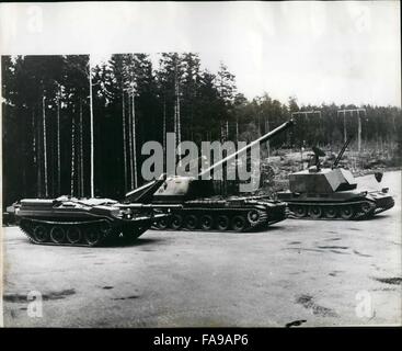 1968 - Three New Tanks Revealed. The Royal Swedish Army has revealed the development of three new military tanks that are to take their place as an essential part of Sweden's defence force. Vehicle No. 1, seen at left, is a 37-ton tank of unique turret-less design which carries a 105mm gun. Vehicle No.2, seen at centre, is a new 45-ton model which carries a self propelled 155mm gun. Capable of firing 14 rounds in 45 seconds, the weapon has a range of 13 miles. Vehicle No.3, seen at far right, is a versatile anti-aircraft tank. Mounted on a 360 degree turning turret, its rapid-fire, 40mm gun ca Stock Photo