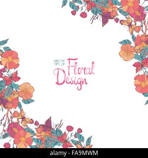 Floral corner with flowers berries and butterfly Stock Vector