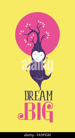 Dream big motivational quote, inspiration greeting card with cute fairy elf cartoon. EPS10 vector. Stock Vector