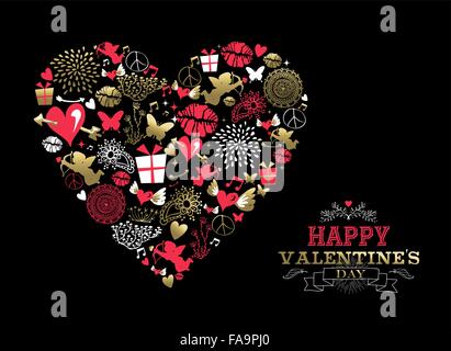 Valentines day greeting card, retro icons making heart shape silhouette in gold and pink colors with ornamental text label. Stock Vector