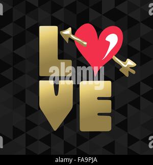 Valentines day greeting card design, gold love text with pink heart shape. EPS10 vector. Stock Vector