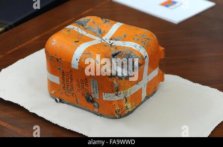 The parametric data recorder know as a black box from the Russian SU-24 fighter jet shot down by Turkey December 8, 2015 in Moscow, Russia. Stock Photo