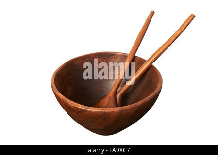 Kitchen utensils: empty wooden bowl with spoon and fork isolated on white background - clipping path Stock Photo