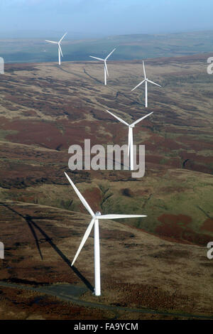 aerial view of electricity generating wind turbines on The Pennines, UK Stock Photo