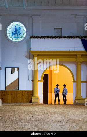 riders watching the show of Royal Andalusian School of Equestrian Art. `Real Escuela Andaluza Del Arte Ecuestre´. Jerez de la Fr Stock Photo