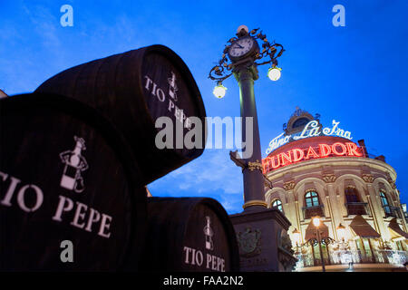 Advertising barrels and Building on the corner of Calle Larga at Calle Lanceria, Jerez de la Frontera. Cadiz province, Andalucia Stock Photo