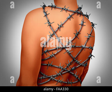 Chronic Back Pain and human spinal backache with a body showing the vertebra area wrapped in barbed or barb wire as a medical health care concept for arthritis or joint stress and painful suffering due to disk or joint inflammation. Stock Photo