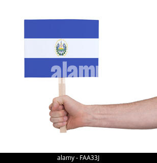 Hand holding small card, isolated on white - Flag of El Salvador Stock Photo