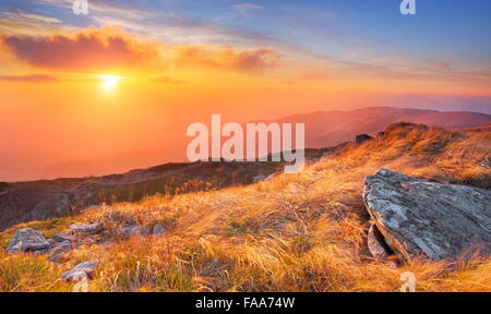 The sunset in Bieszczady Mountains, Poland Stock Photo