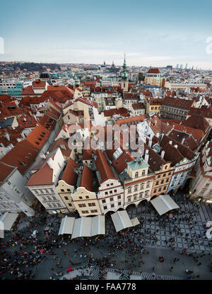view from the Clock Tower of the medieval buldings, cafes and the square of the Old Town in winter, Prague, Czech Republic Stock Photo