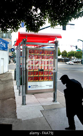 A fine art quilt by Mrs. Fannie B. Shaw is reproduced on an outdoor advertising kiosk at a bus shelter in San Francisco during the Art Everywhere event. Stock Photo