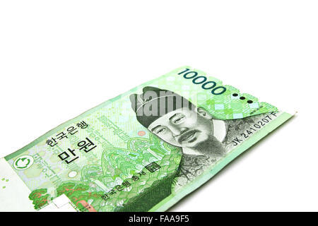 Korean Won currency bills isolated on white background. Stock Photo