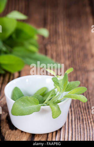 Fresh herbs (Sage) on vintage wooden background (close-up shot) Stock Photo