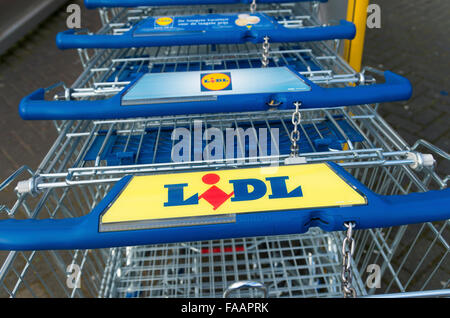 ZWOLLE, NETHERLANDS - MARCH 22, 2015: Lidl shopping carts. The company is active in a large part  of Europe, with around 8000 st Stock Photo