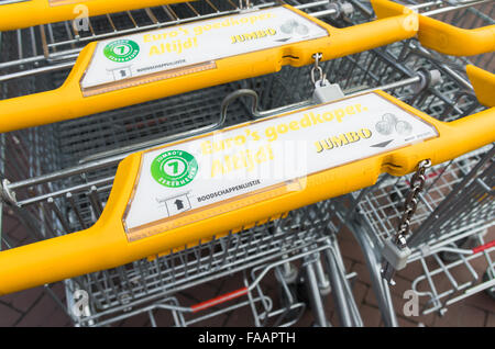 ZWOLLE, NETHERLANDS - MARCH 22, 2015: Yellow Jumbo shopping carts. Jumbo employs about 30,000 people. Stock Photo