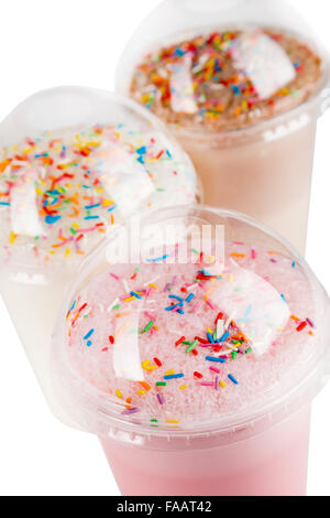 different milkshake cocktails with bubbles and multicolor bakery sweet edible confetti. Stock Photo