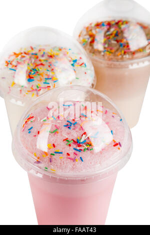 different milkshake cocktails with bubbles and multicolor bakery sweet edible confetti. Stock Photo