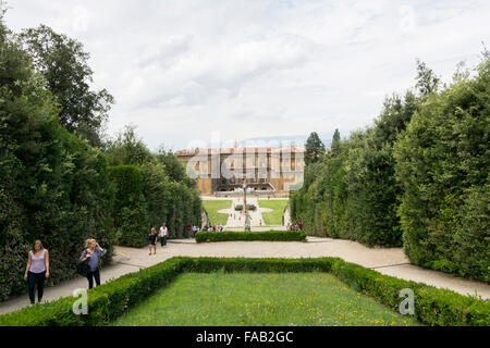 Florence,Italy-August 26,2014:People stroll and take photos of Pitti palace and Boboli's gardens in Florence-Italy during a sunn Stock Photo