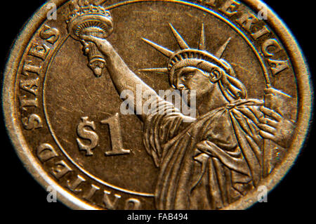 American one dollar Andrew Jackson tribute coin with Statue of Liberty in studio setting Stock Photo