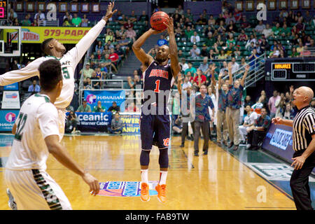 Honolulu, Hawaii, USA. 25th December, 2015. Auburn Tigers guard Kareem Canty (1) shoots during the action between the Auburn Tigers and the Hawaii Rainbow Warriors at the 2015 Diamond Head Classic at Stan Sheriff Center in Honolulu, HI. Credit:  Cal Sport Media/Alamy Live News Stock Photo