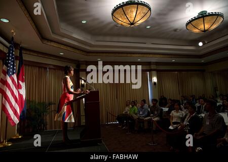 U.S. First Lady Michelle Obama delivers remarks on the 'Let Girls Learn' initiative to Peace Corps volunteers at the Sofitel Angkor Phokeethra March 21, 2015 in Phnom Penh, Cambodia. Stock Photo