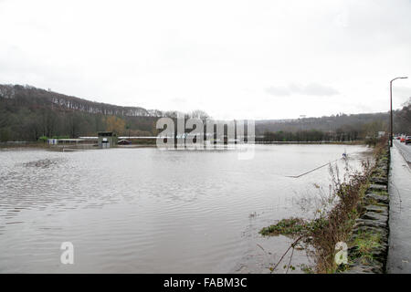 Halifax, West Yorkshire, UK. 26th December, 2015. Heath RUFC in Greetland, Halifax has been flooded once again after heavy rain hits the region and causes more disruptions. Sea containers are floating around as the river Calder overflowed onto their pitch, the adjoining football pitch and the Model car racing track. Credit:  Mick Flynn/Alamy Live News Stock Photo