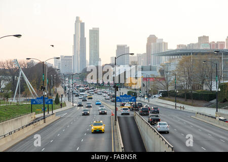 View of Columbus Drive from the BP Pedestrian Bridge linking Maggie Daley Park with Millennium Park, Chicago, Illinois, USA Stock Photo