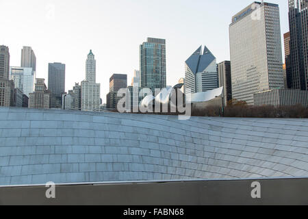 BP Pedestrian Bridge linking Maggie Daley Park with Millennium Park in Chicago, Illinois, USA with city skyline in the background Stock Photo