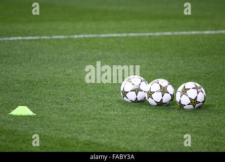 KYIV, UKRAINE - NOVEMBER 21, 2012: Close-up official UEFA Champions League 2012/13 season balls on the grass during the game bet Stock Photo