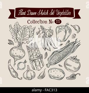 Vegetables sketch. set of elements - beet, peas, sweet pepper, garlic, tomato, potato, corn, asparagus, hot pepper Stock Vector