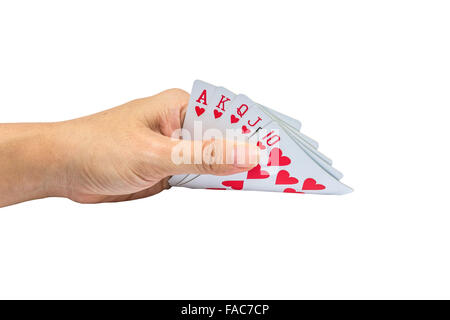 Playing cards in hand isolated on white background Stock Photo