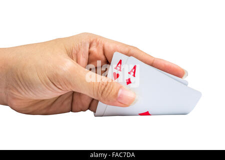 Playing cards in hand isolated on white background Stock Photo