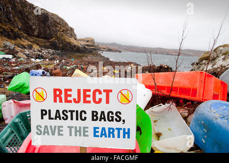 Plastic debris washed ashore at Ardtreck Bay on the Isle of Skye, Scotland, UK.