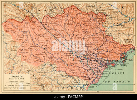 Map of French Colony of Tonkin, French Indochina, circa 1890 - Tonkin was the northernmost portion of Vietnam and included Hanoi Stock Photo