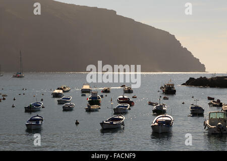 An photograph of the port in Valle Gran Rey, La Gomera, Canary Islands, Spain. Fishing and recreational boats fill the port. Stock Photo