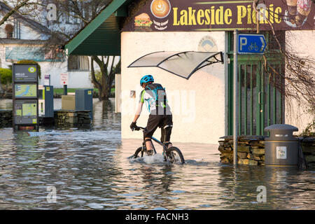 A cyclist braves the waters past the Lakeside Picnic surrounded by flood water after Lake Windermere burst its banks in Amblesid Stock Photo