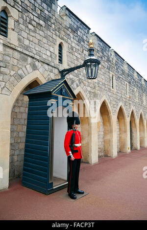 A Guard in ceremonial uniform outside his sentry box in the Lower Ward at Windsor Castle, Berkshire, England, UK Stock Photo