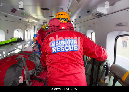 A Sikorsky S92 Helicopters run operated by Bristows at Carlton Hall in Penrith, Cumbria, UK to train with Lake district mountain rescue Team members. Stock Photo