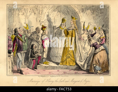 Hand coloured comic Illustration from 1846 depicting the Marriage of King Henry VI to Margaret of Anjou in 1445 Stock Photo