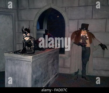 Cat woman and Penguin at Louis Tussaud's Waxworks in Niagara Falls City, Ontario, Canada Stock Photo