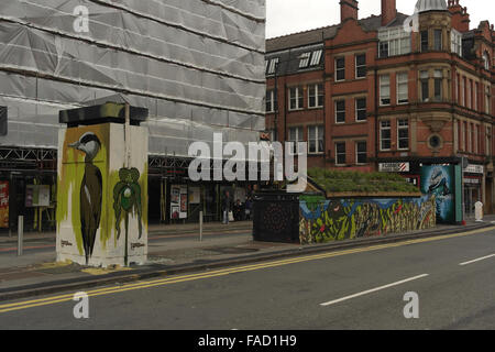 Oblique view Faunagraphic heron, Oliver Smith 'Mon 53' mural, SLM 'Wild Woman Island', Outhouse, Stevenson Square, Manchester Stock Photo
