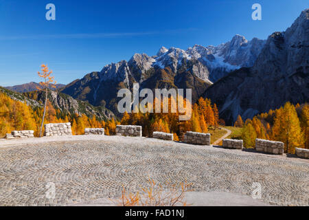 Road to mountain pass Vrsic. Popular motorbike road. Stock Photo