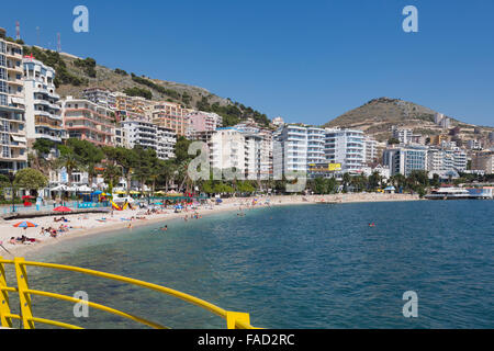 Sarande or Saranda, Sarande District, Albania. View along main resort beach. Stock Photo