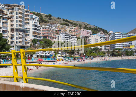 Sarande or Saranda, Sarande District, Albania. View along main resort beach. Stock Photo