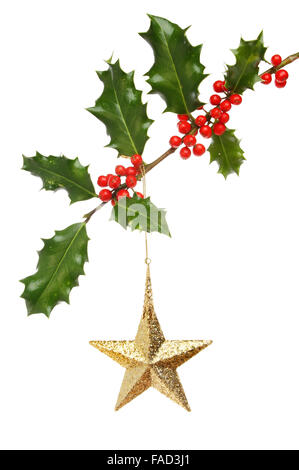 Gold Christmas star ornament hanging from a holly branch isolated against white Stock Photo