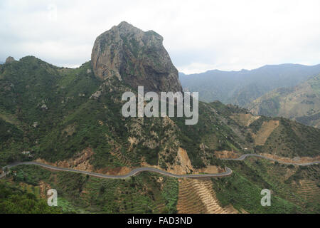 A landscape photograph of a road winding through Vallehermoso in La Gomera, Canary Islands, Spain. Stock Photo