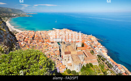 Sicily Island - aerial view at Cefalu from La Rocca hill, Sicily, Italy Stock Photo