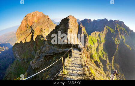 Madeira mountain hiking trail from  Pico do Arieiro to Pico Ruivo, Madeiran Island, Portugal Stock Photo